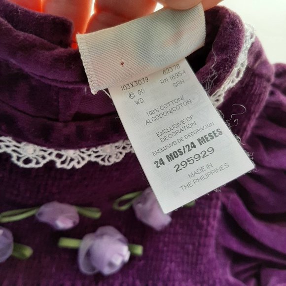 Vtg 90s Smocked Purple Velvet Cottagecore Baby Dress with Rosettes, 24 mo - Picture 8 of 9